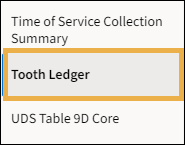 Report Menu with a yellow highlight box around the Tooth Ledger Report.